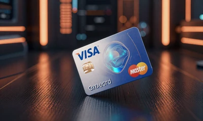 Holografische Visa- und Mastercard-Symbole mit orangen Neon-Effekten bei Vox Casino