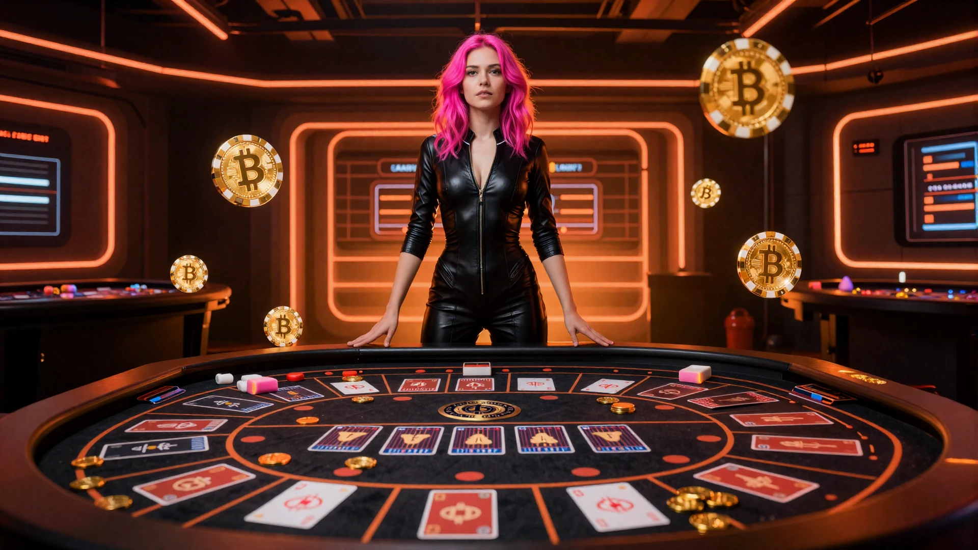Cyberpunk Casino Modell am holografischen Roulettetisch mit orangen Neon-Effekten bei Vox Casino