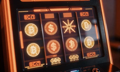 Neon Cyberpunk Slotmaschine mit orangen Holografie-Effekten bei Vox Casino