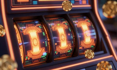 Neon Cyberpunk Slotmaschine mit orangen Holografie-Effekten und rotierenden Walzen bei Vox Casino