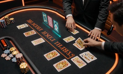 Live Dealer Blackjack-Tisch mit holografischen Karten in cyberpunk Casino-Optik