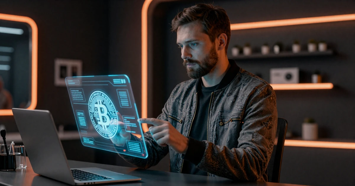Mann mit Bart in Tech-Wear-Jacke interagiert mit holografischem Krypto-Wallet-Interface bei Vox Casino