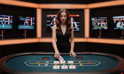 Live Dealer Studio mit professioneller Croupi&egrave;re am Blackjack-Tisch in warmer Beleuchtung