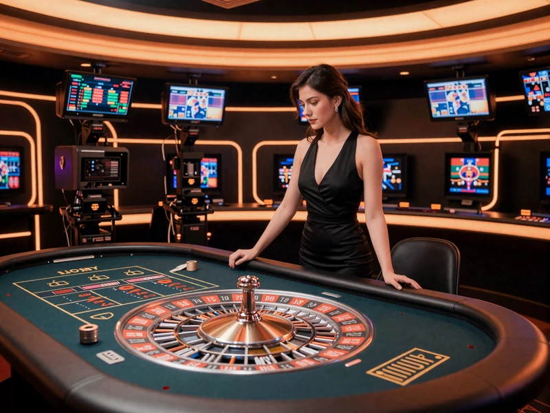 Live Casino Studio mit professioneller Dealerin am Roulettetisch in cyberpunk Casino-Optik bei Vox Casino