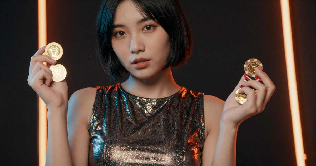Cyberpunk Modell mit gl&uuml;henden Goldm&uuml;nzen und Casino-Chips bei Vox Casino