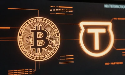 Bitcoin- und Tether-Logos mit orangen Neon-Effekten auf holografischem Display bei Vox Casino